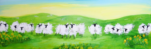 Original Acrylics on Canvas - Springtime Sheep 36 x 12 ins SOLD